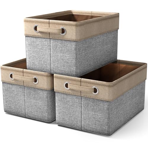 Sorbus Premium Fabric Storage Cubes 15 Inch- Big Sturdy Collapsible Storage Bins With Dual Handle- Foldable Baskets For Organizing- Decorative Cube Storage Bins For Home & Office Use- 3 Pack| Grey/Tan